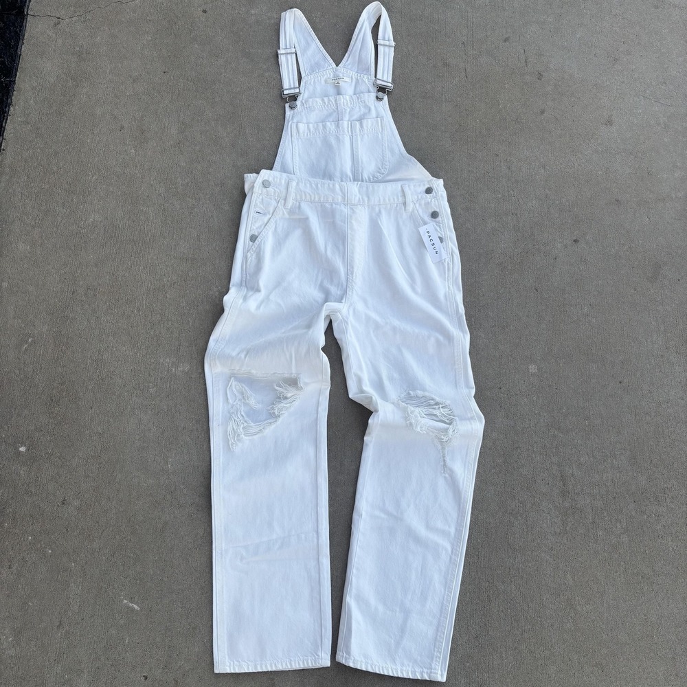 NWT PacSun Jeans Overalls Mens 38x31 White Distressed Straight Leg Denim Bibs